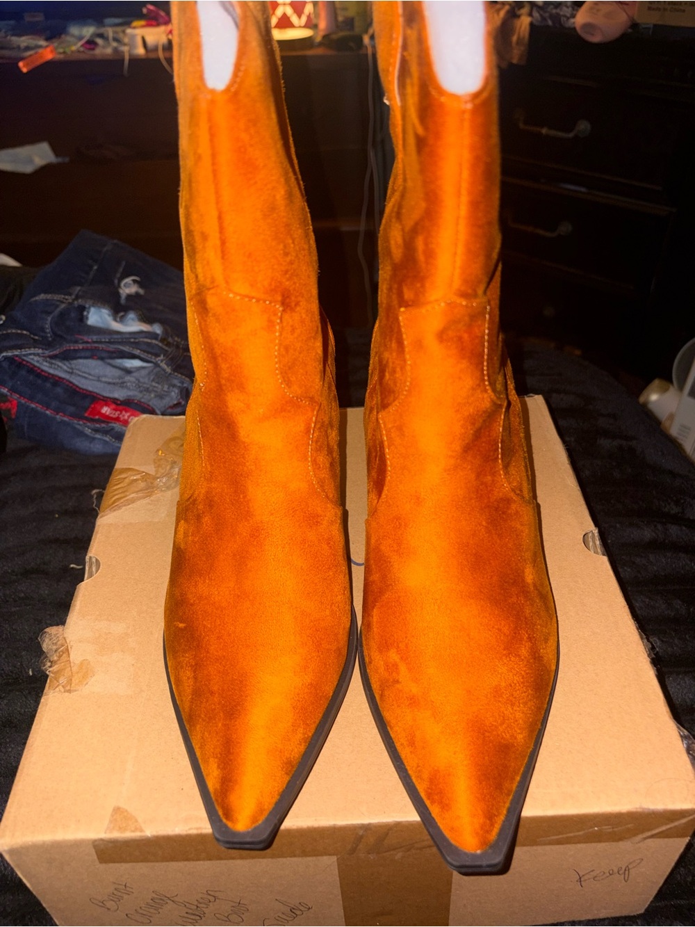 Amazon Orange Velvet Pointed Ankle Boots